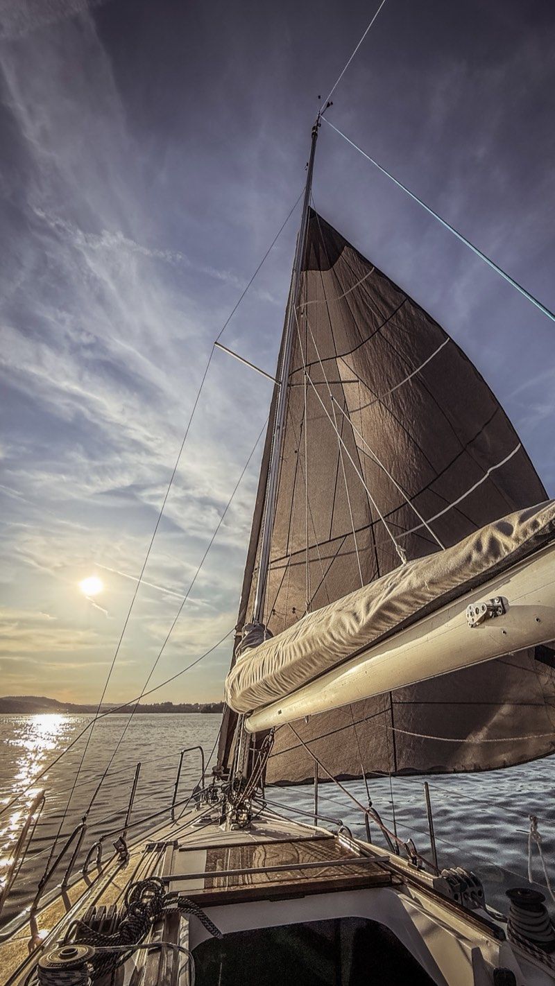 Segelboot in voller Fahrt bei tiefer Sonne — das ganze Segel im Wind
